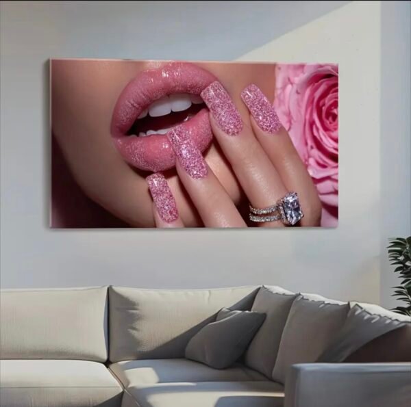 Art mural Rose Glamour – Tableau sur Toile (Canvas) | Lèvres Roses & Manucure Luxe | Décoration Murale Moderne | 60 × 120 cm | Rithdecor