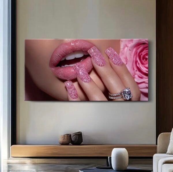 Art mural Rose Glamour – Tableau sur Toile (Canvas) | Lèvres Roses & Manucure Luxe | Décoration Murale Moderne | 60 × 120 cm | Rithdecor