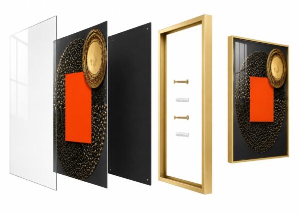 Luxury Black Gold Orange Abstract Wall Art Set of 3 Luxury Black Gold Orange Abstract Crystal Porcelain Wall Art Set of 3 – Modern Marble Texture Wall Décor | 45 x 60 cm with Champagne Gold Frame