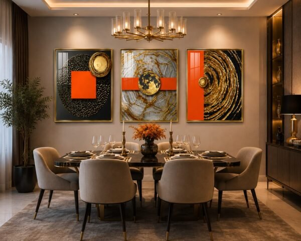 Luxury Black Gold Orange Abstract Wall Art Set of 3 – Modern Geometric Marble Canvas Prints Luxury black gold orange abstract wall art set of 3 with modern geometric design, marble texture and gold accents for living room wall décor.