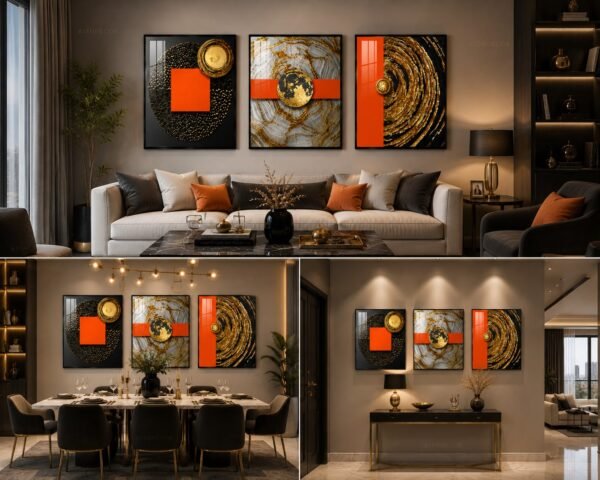 WhatsApp Image 2026-08-06 at 11.01.52 Luxury Black Gold Orange Abstract Crystal Porcelain Wall Art Set of 3 – Modern Marble Texture Wall Décor | 50 x 70 cm with Champagne Gold Frame