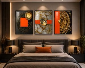 Luxury Black Gold Orange Abstract Crystal Porcelain Wall Art Set of 3.