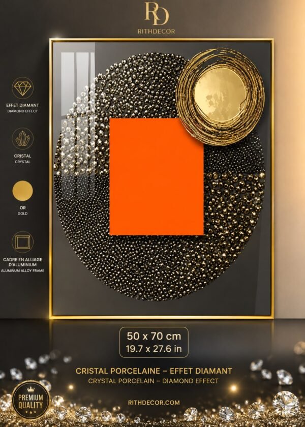 WhatsApp Image 2026-08-06 at 11.01.57 Luxury Black Gold Orange Abstract Crystal Porcelain Wall Art Set of 3 – Modern Marble Texture Wall Décor | 50 x 70 cm with Champagne Gold Frame