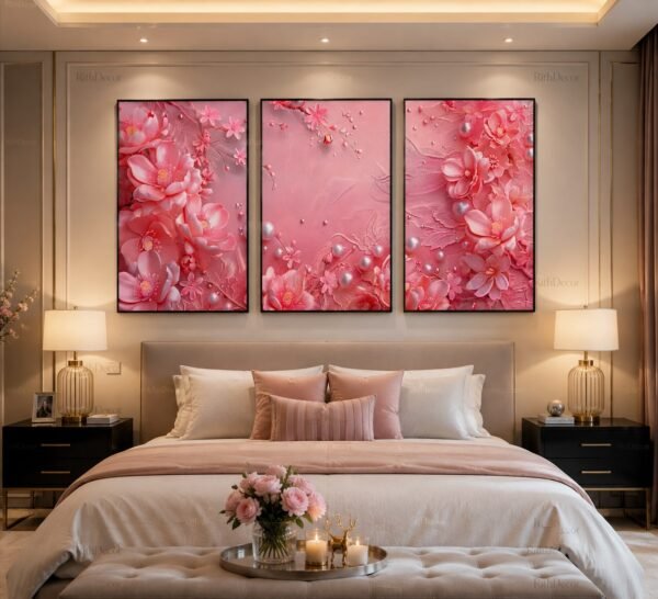 Tableau Floral Rose Luxe 50 × 70 cm – Crystal Porcelain Effet Diamant – Cadre Or Champagne | RithDecor
