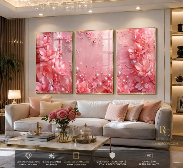 Tableau Floral Rose Luxe 50 × 70 cm – Crystal Porcelain Effet Diamant – Cadre Or Champagne | RithDecor