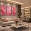 Tableau Floral Rose Luxe 50 × 70 cm – Crystal Porcelain Effet Diamant – Cadre Or Champagne | RithDecor