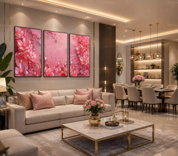 Tableau Floral Rose Luxe 50 × 70 cm – Crystal Porcelain Effet Diamant – Cadre Or Champagne | RithDecor