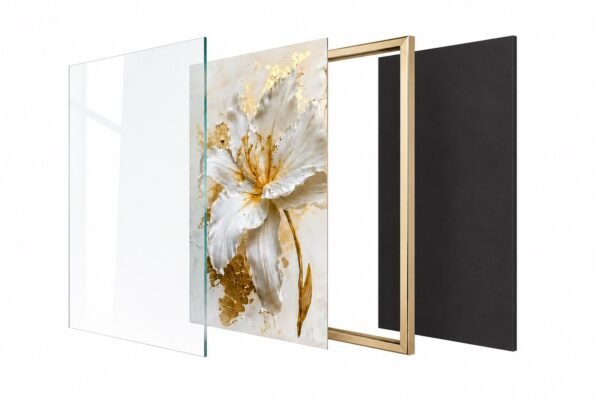 WhatsApp Image 2026-08-19 at 12.33.54 Ensemble 3 Tableaux Fleurs Luxe Blanc Or – Cristal Porcelaine Effet Diamant – Cadre Or Champagne Brossé – 50 x 70 cm