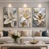Ensemble 3 Tableaux Fleurs Luxe Blanc Or – Cristal Porcelaine Effet Diamant ensemble 3 tableaux fleurs- Or et blanc luxe crystal Porcelain