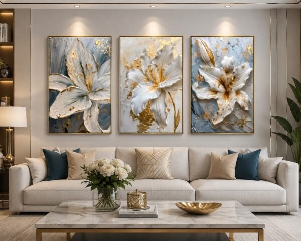Ensemble 3 Tableaux Fleurs Luxe Blanc Or – Cristal Porcelaine Effet Diamant ensemble 3 tableaux fleurs- Or et blanc luxe crystal Porcelain
