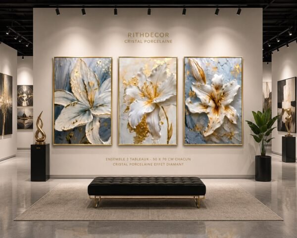 WhatsApp Image 2026-08-19 at 12.33.57 Ensemble 3 Tableaux Fleurs Luxe Blanc Or – Cristal Porcelaine Effet Diamant – Cadre Or Champagne Brossé – 50 x 70 cm