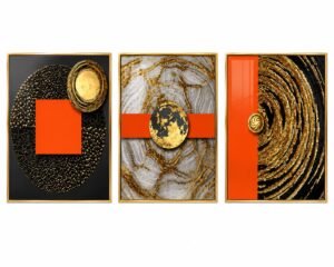 Luxury Black Gold Orange Abstract Crystal Porcelain Wall Art Set of 3.