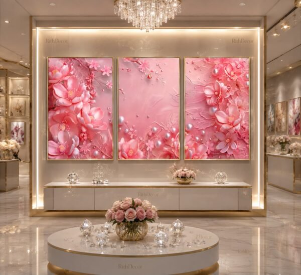 Tableau floral rose en Crystal Porcelain 50 × 70 cm avec cadre or champagne dans une salle d’exposition