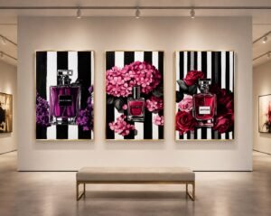 triptyque tablaeu parfum fleurs noir blanc