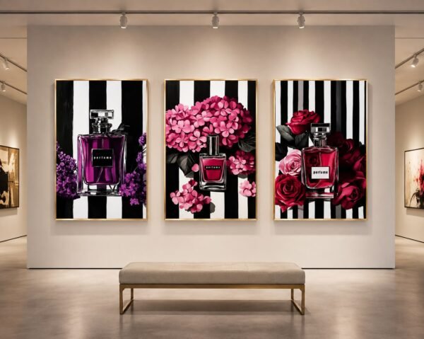 triptyque luxe parfun- triptyque tablaeu parfum fleurs noir blanc